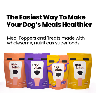 Four packages of Neo Bites Meal Toppers and Treats including Skin & Coat Aid Meal Topper, Health Aid Meal Topper, Original Dog Treats, and Digestive Aid Meal Topper