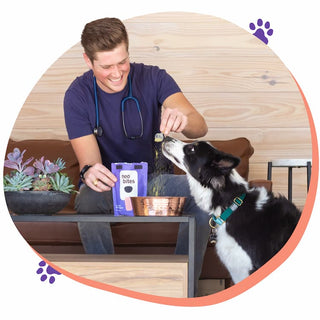 Dr Mike Walker DVM smiling while feeding Neo Bites Superfood Meal Topper to A Black and White Dog